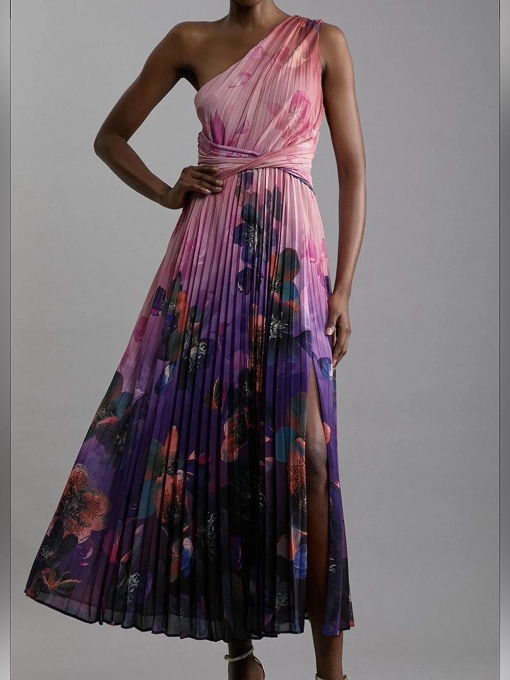 NWT- Karen Millen Pink to Purple Ombre One-Shoulder Pleated Gown- US 12